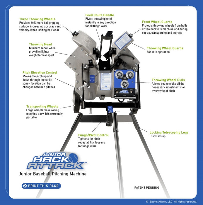 JUNIOR HACK ATTACK 3-Wheel Baseball Pitching Machine